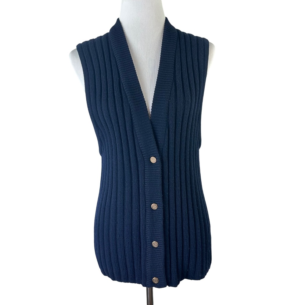 Company Ellen Tracy Blue 100% Wool Ribbed Knit Button Front Sweater Vest Women M